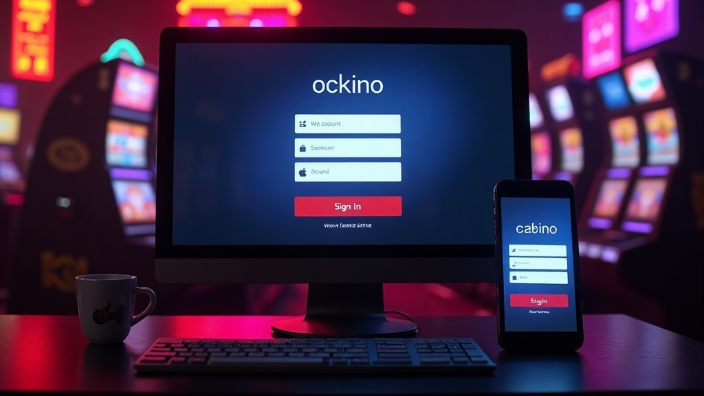 Desktop and mobile devices showing a casino login screen in a dark neon setting