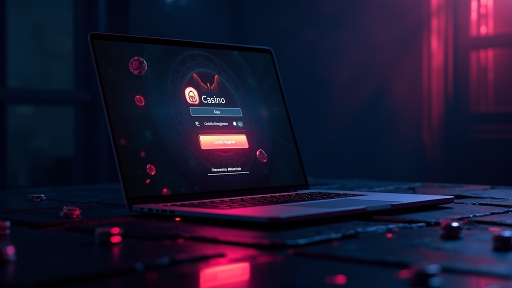 A casino-style login screen glowing on a laptop in a dark, moody setting