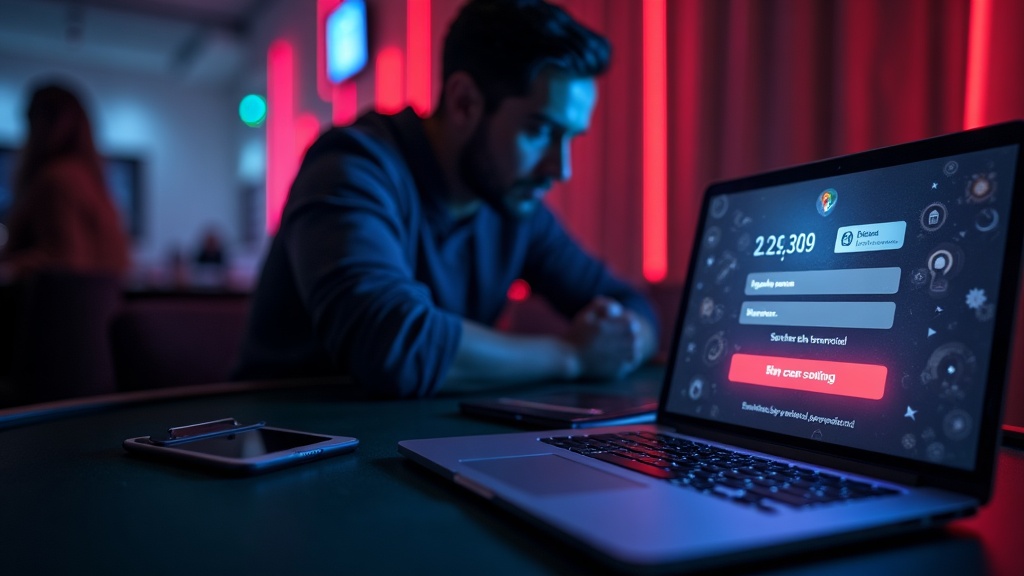 A login error screen on a laptop in a dark casino-style atmosphere