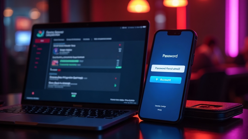 A password reset email on a phone next to a laptop in a dark casino setting
