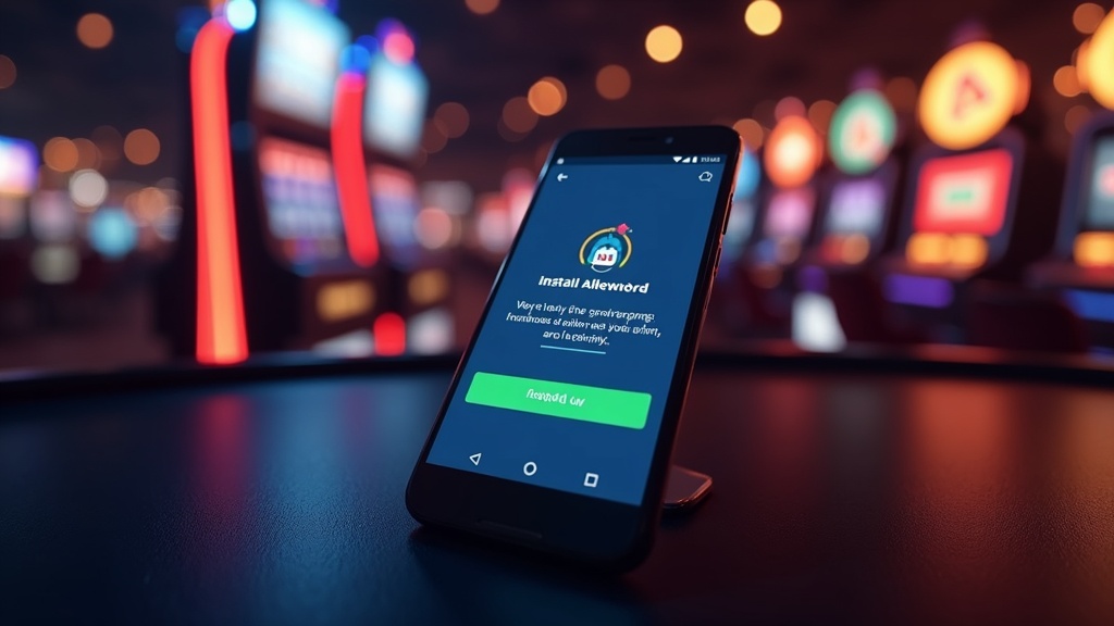 Android phone installing the SpinDog app with casino lights in the background