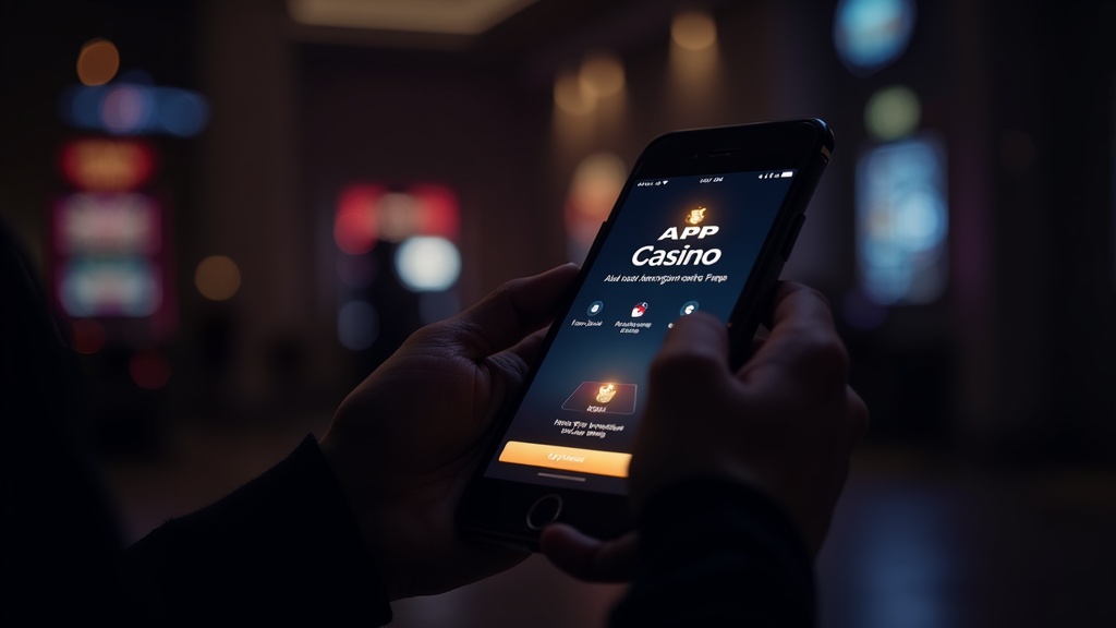 Player checking a SpinDog app download page on a phone in a dark casino setting